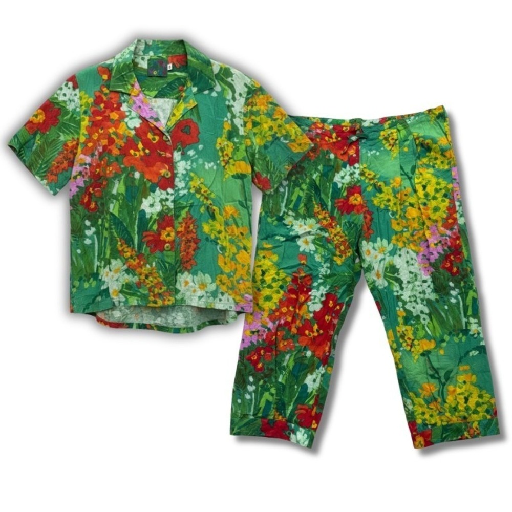 Jams World Jardin Floral Rayon 2 Piece Set Womens S Small Shirt Pants Green